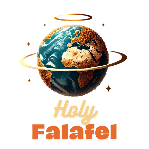 a mash up of a falafel and the planet earth with a halo and the text Holy Falafel underneath